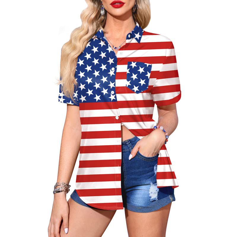 Patriotic Button Down Shirt America Flag Graphic T-Shirt Short Sleeve Clothes